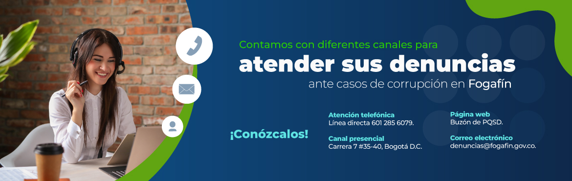 Mujer con tiene audífonos y viendo la pantalla del computador; y en la parte derecha de la imagen información con los canales de contacto para denunciar por corrupción.