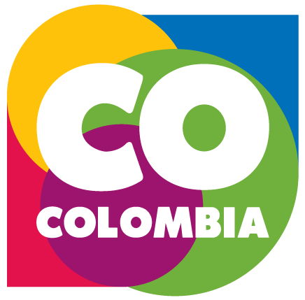 Cuadrado gris que tiene dos esquinas de color azul y fucsia, tres círculos de color violeta, amarillo y verde; y en frente las palabras Co Colombia.