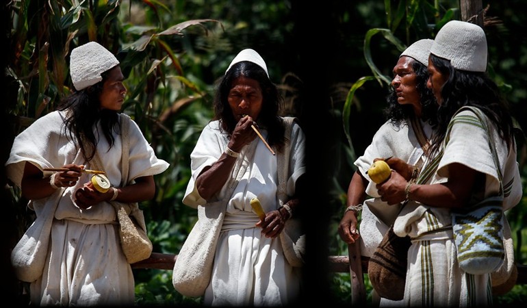 Arhuacos Cuatro indígenas mambeando y mirándose entre ellos