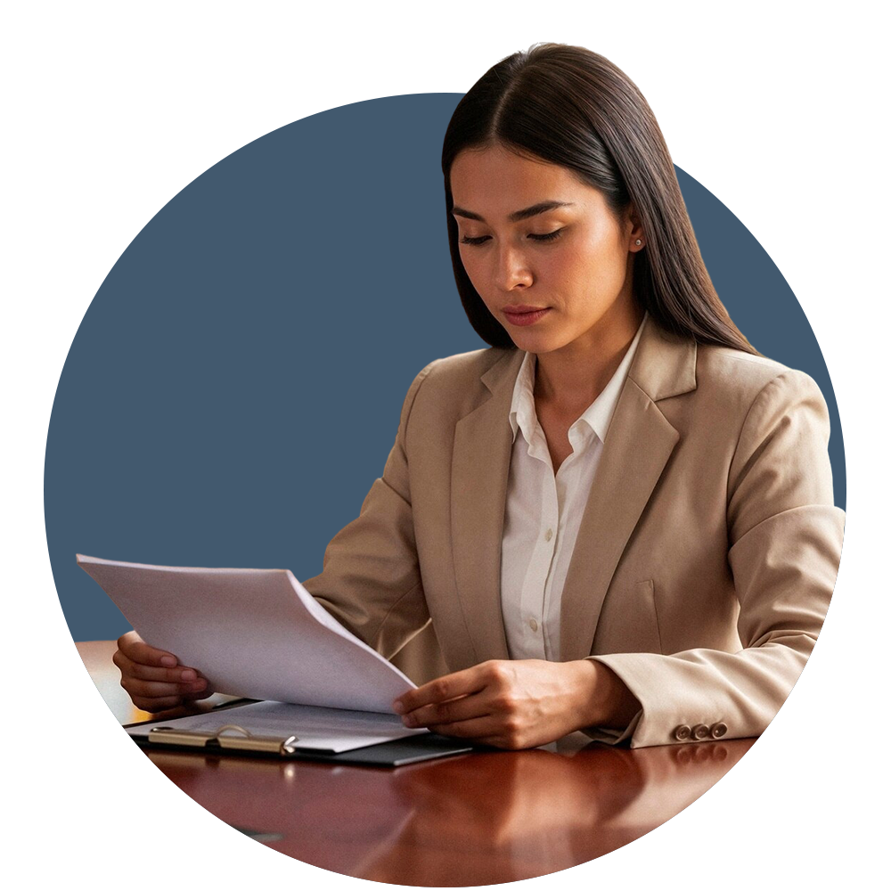 Mujer leyendo proyectos de normatividad.