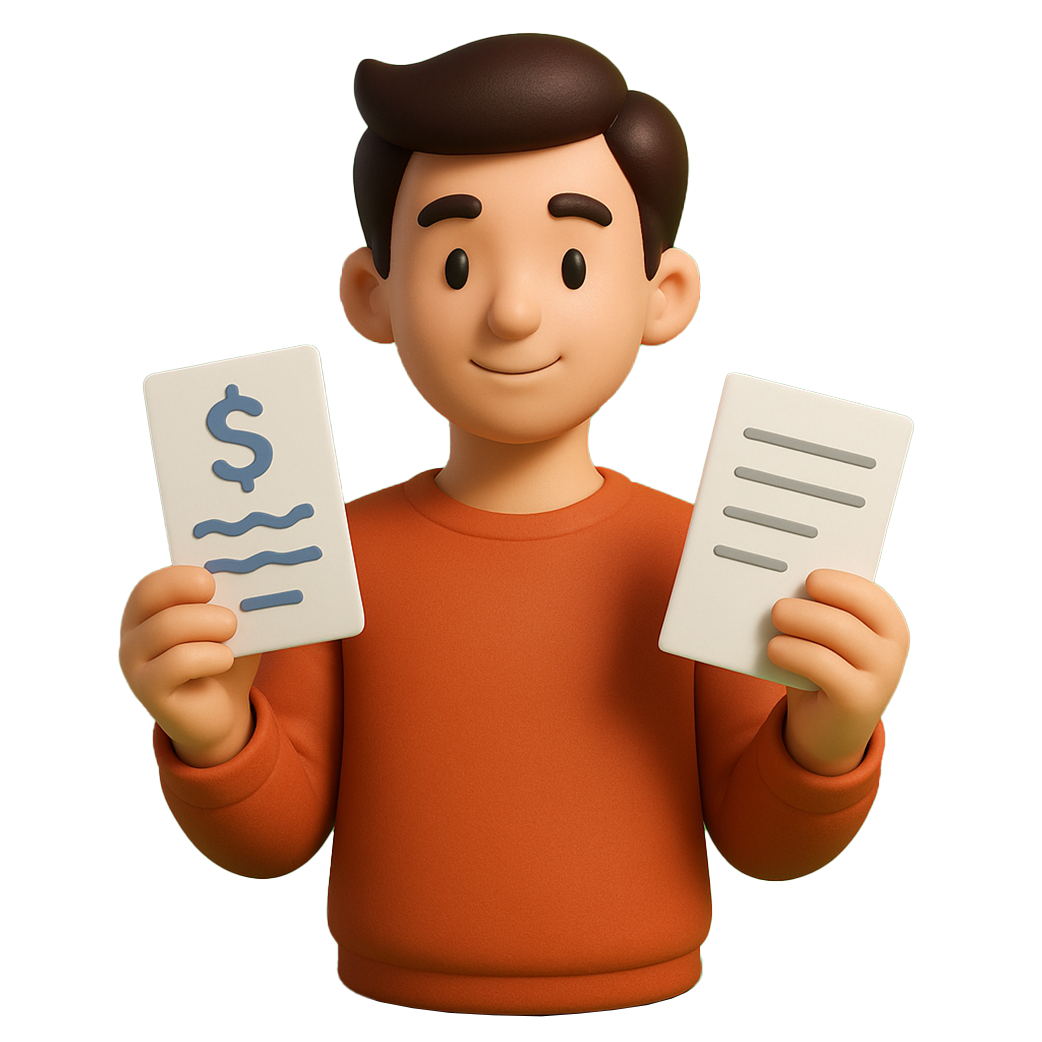 personaje en 3d con documentos en las manos