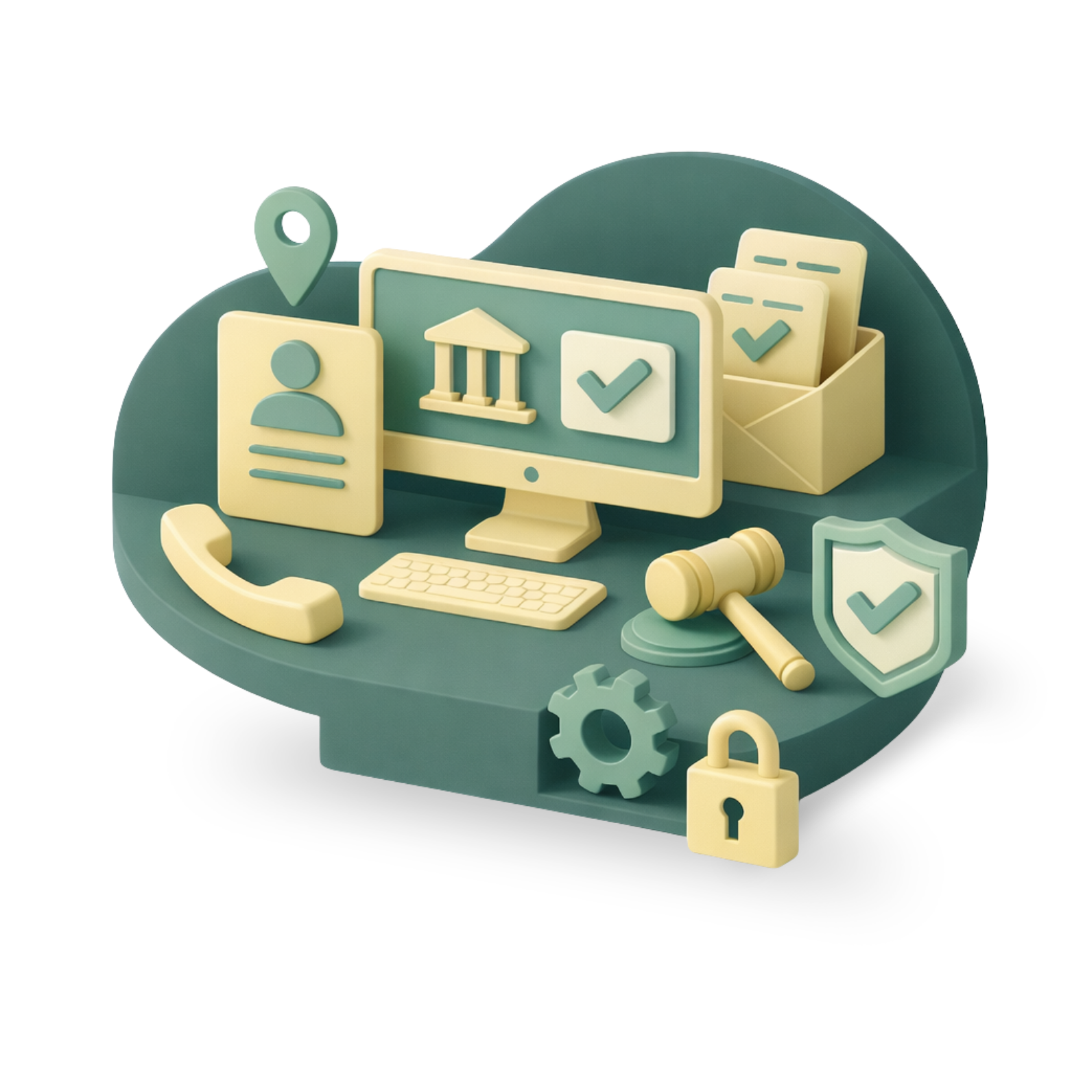 mancha verde oscuro con elementos 3d de atención a entidades. 