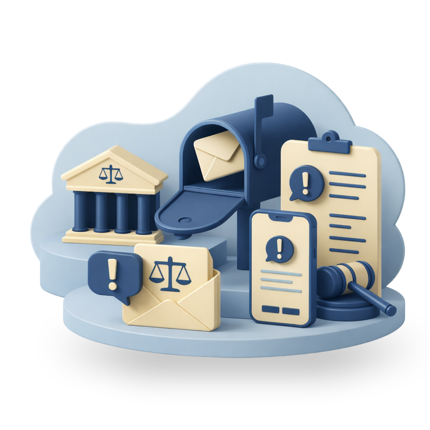 mancha azul claro con elementos 3d de buzón, notificaciones judiciales 