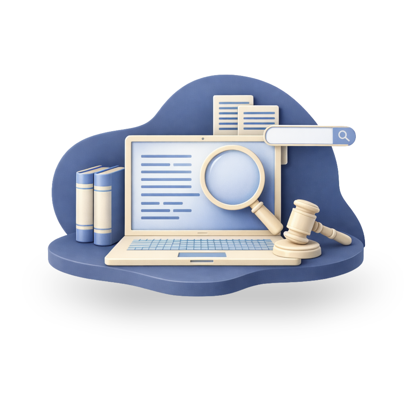 mancha color azul medio. elementos 3d computador, libros, lupa