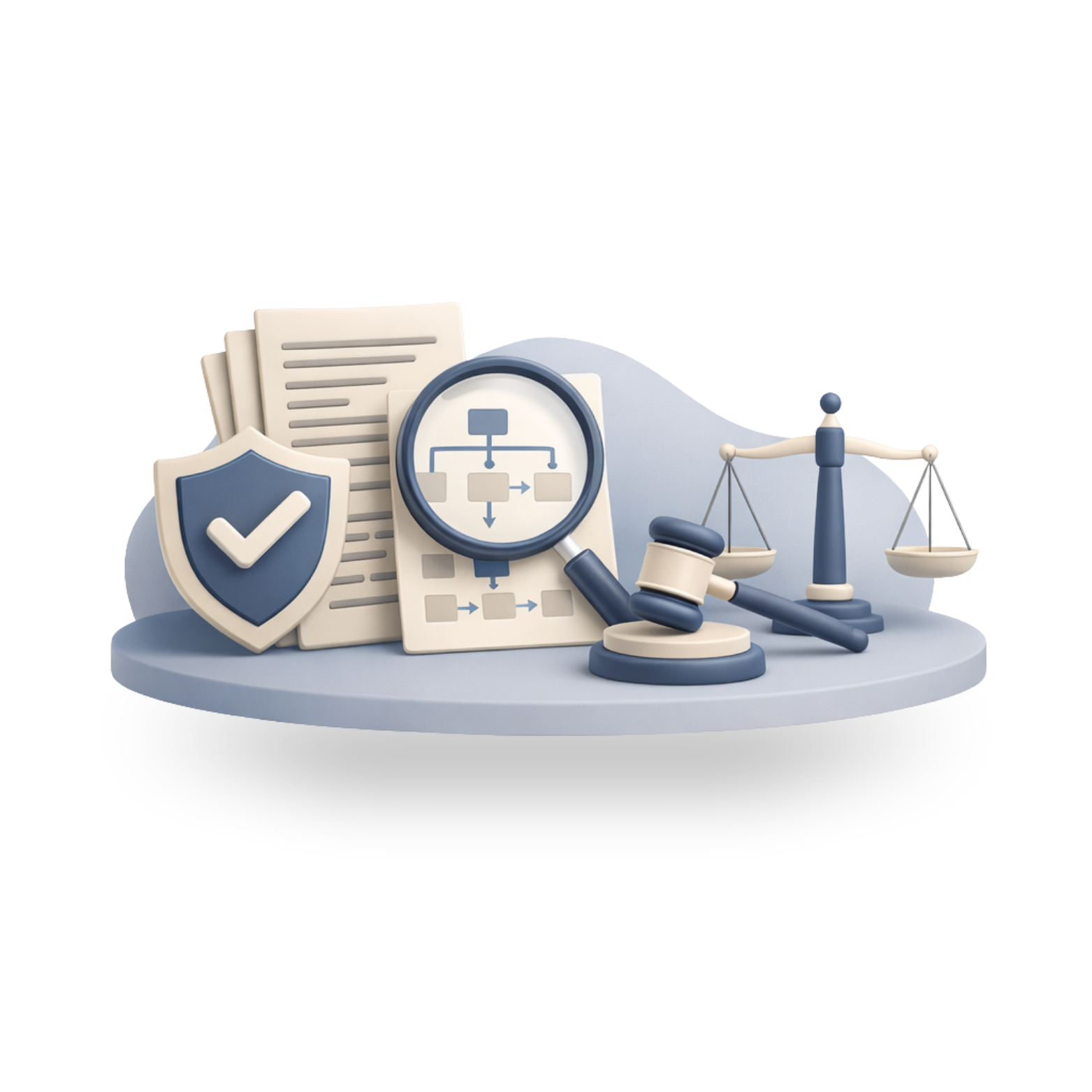 mancha gris claro, con elementos 3d de normas, lupa, balanza, lupa