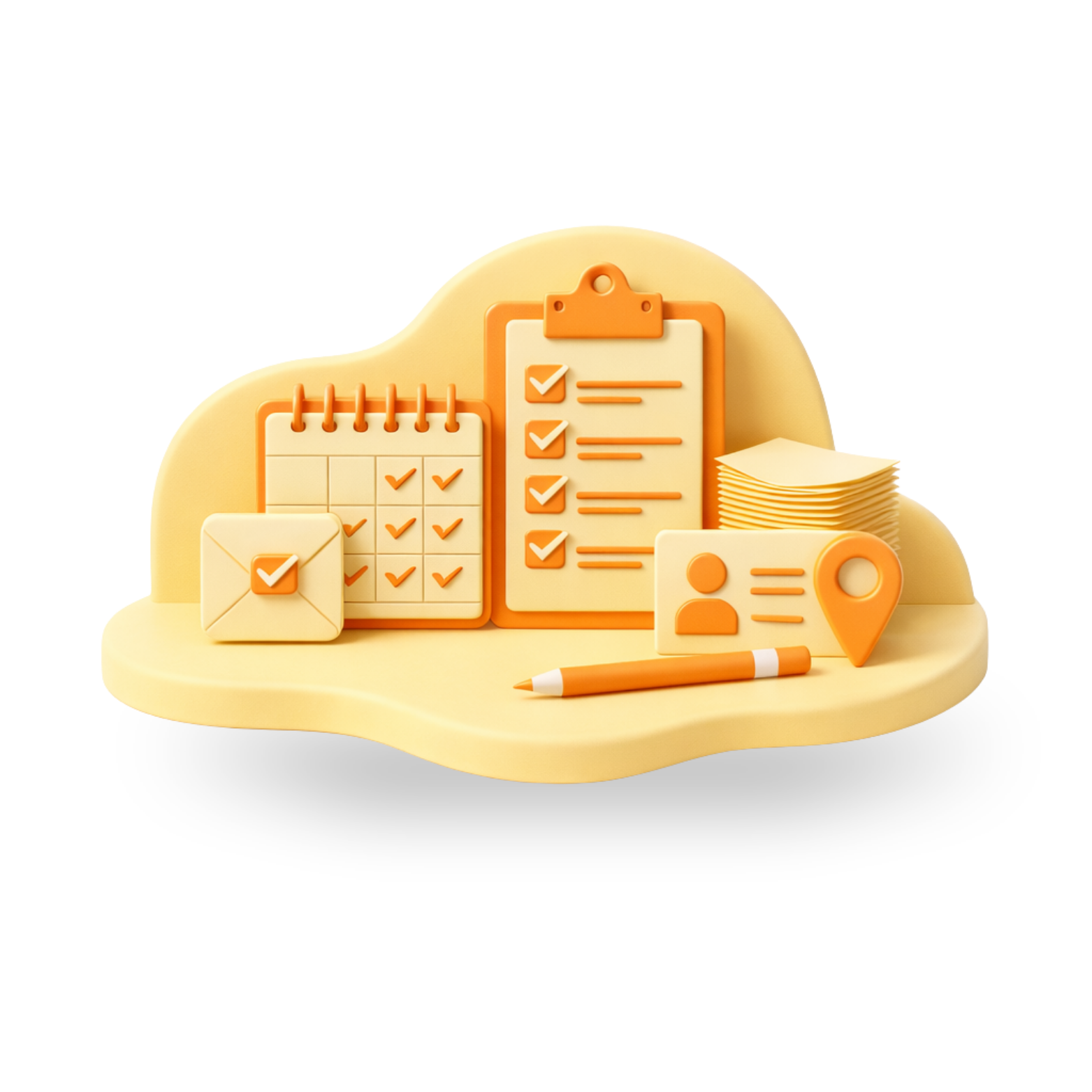 mancha amarillo claro con elementos 3d planes, lapiz, calendario, lista