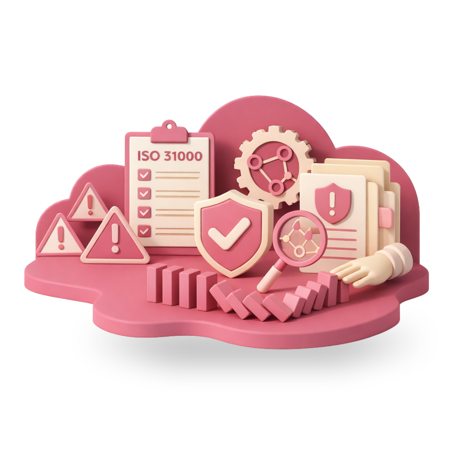 mancha color magenta con elementos 3d, normas, estrategia