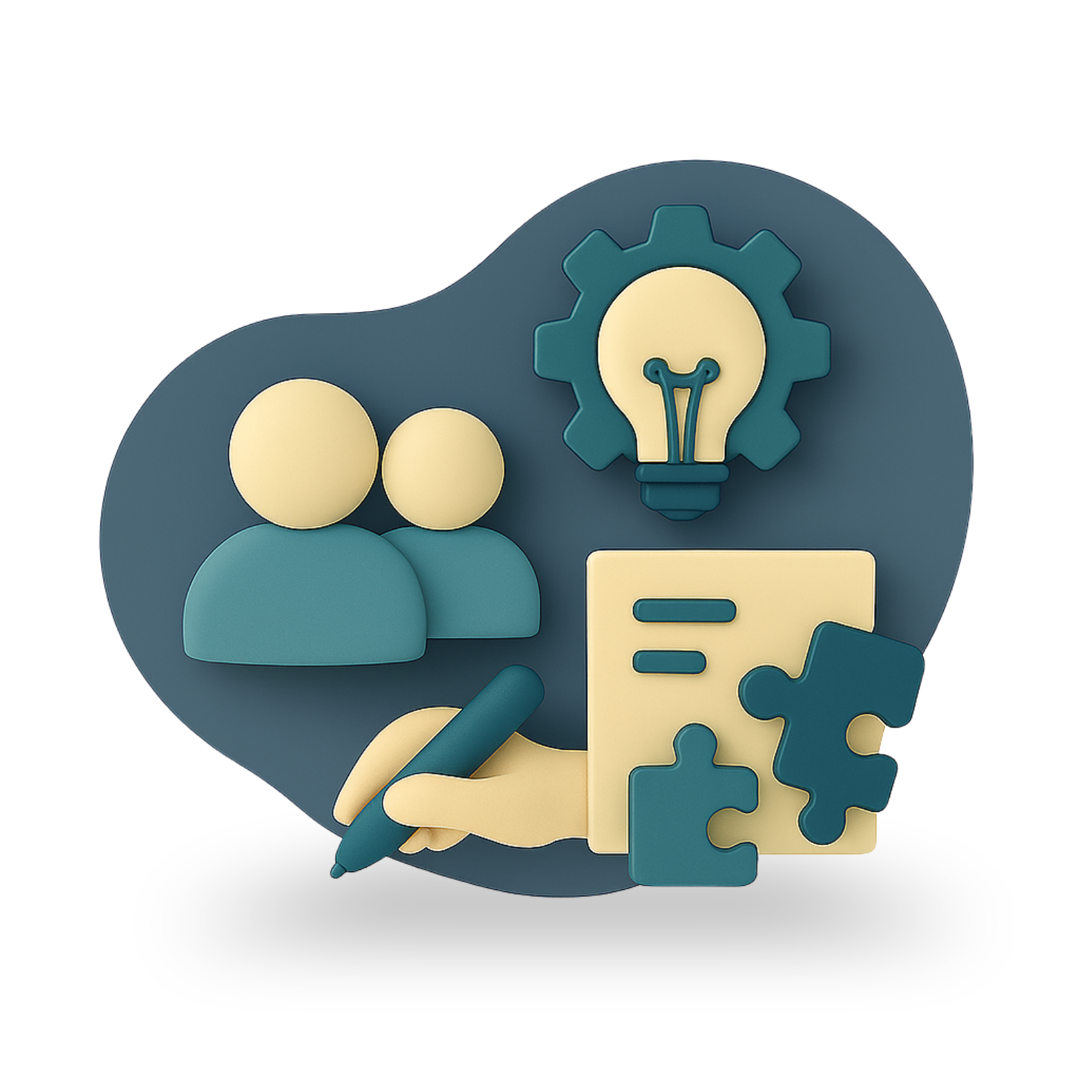 Fondo gris, elementos 3d de innovación, rompecabezas, personas, mano con esfero, bombillo