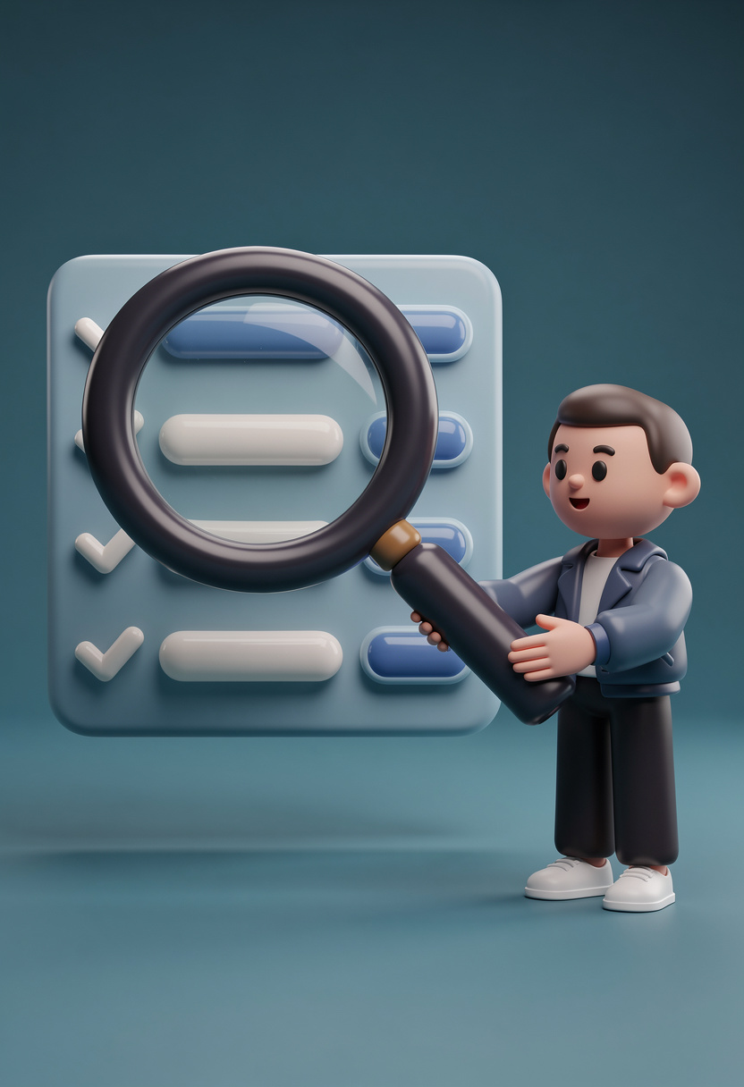 Personaje sosteniendo una lupa con documento flotante, diseñados en 3d