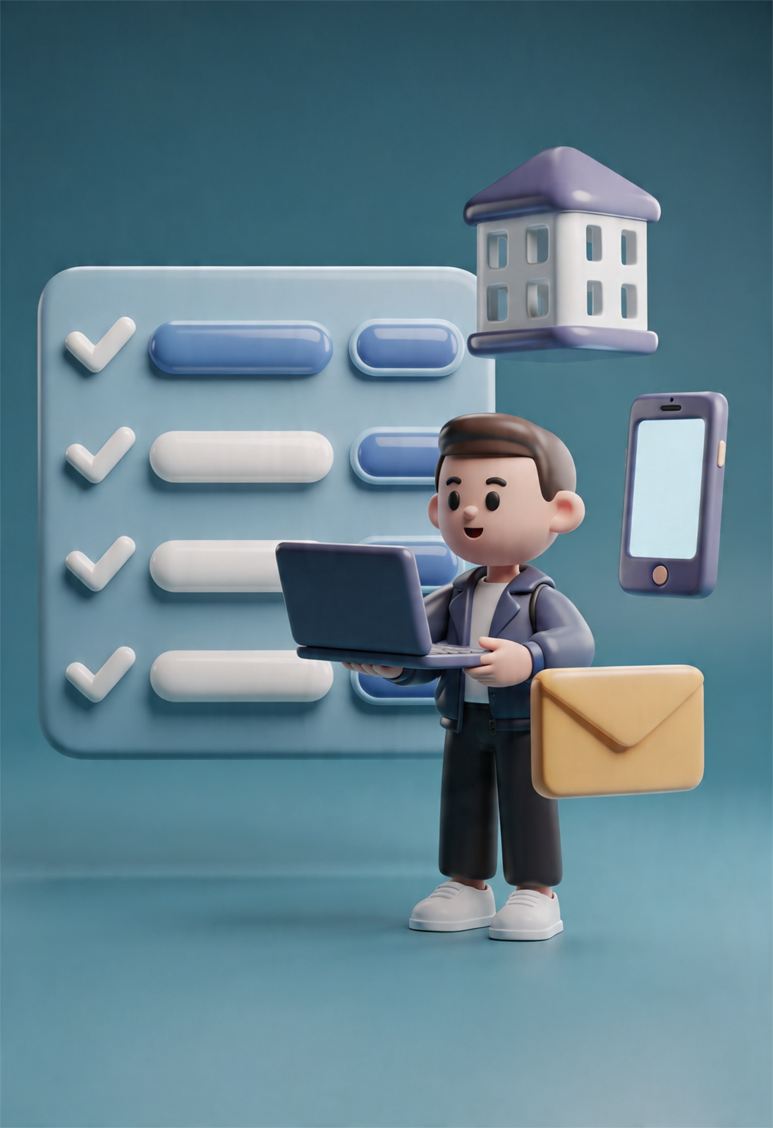 Personaje sosteniendo un laptop e iconos de canales de atención flotando, diseñado en 3d