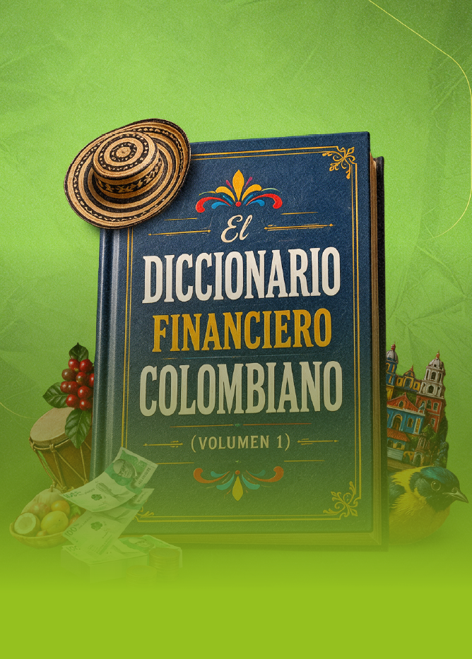 libro de diccionario con elementos colombianos (sombreros, billetes, aves)