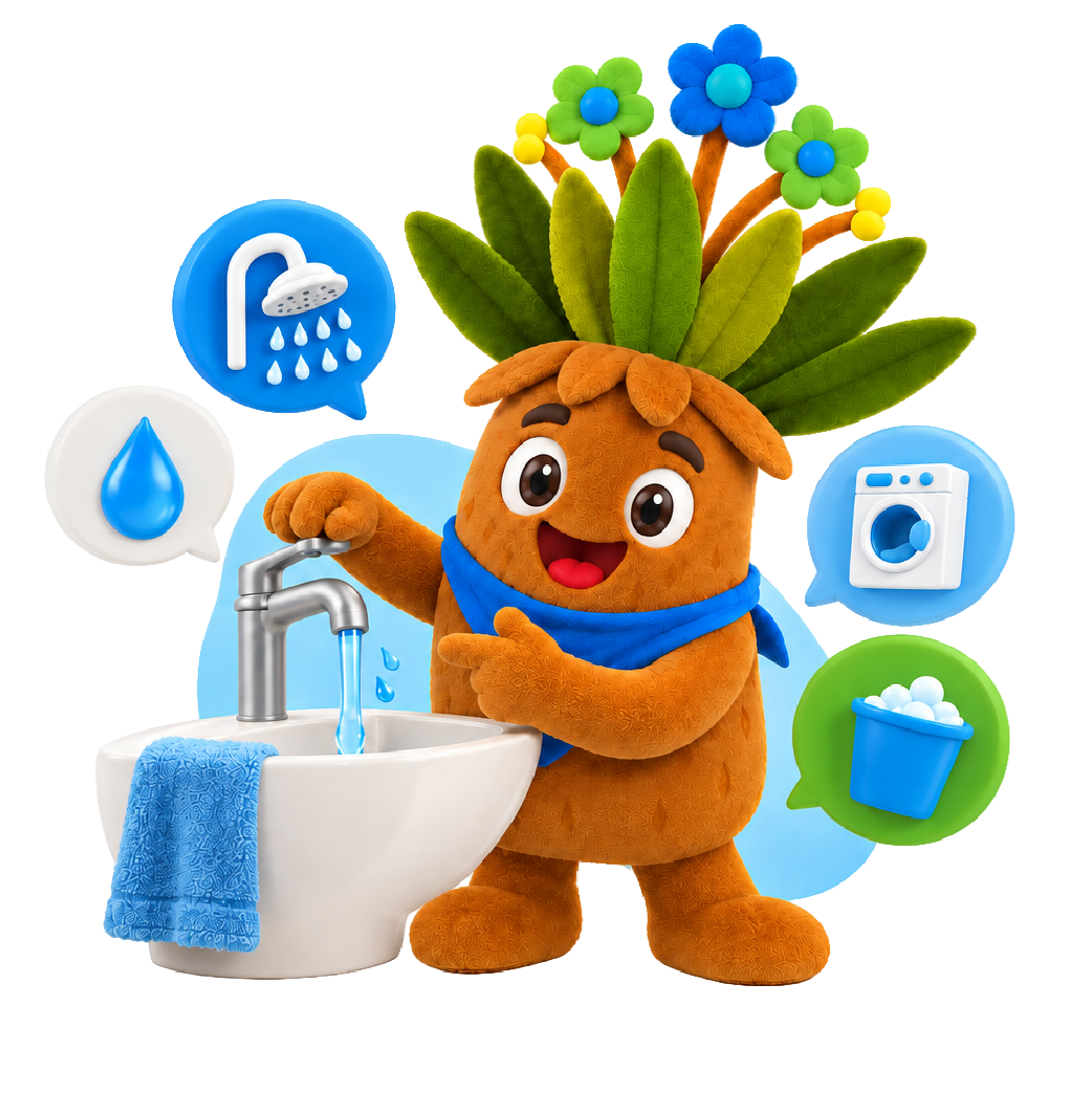 frailejón con gota de agua e iconos de ahorro de agua. 